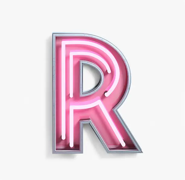 Bright Neon Font with fluorescent pink tubes. Letter R. Night Show Alphabet. 3d Rendering Isolated on White Background.