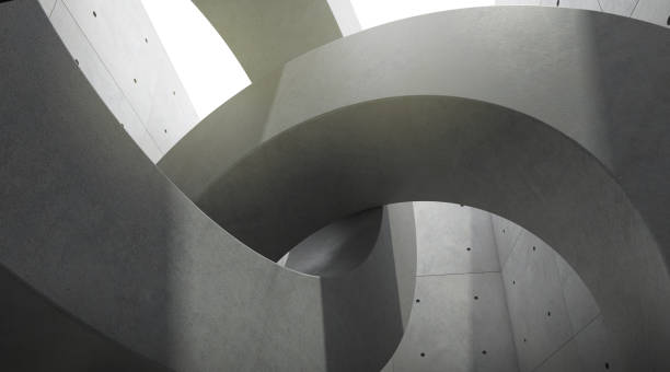 astratto dello spazio architettonico con ritmo del blocco di cemento circolare e luce e ombra del sole, rendering 3d - sculpture art abstract white foto e immagini stock