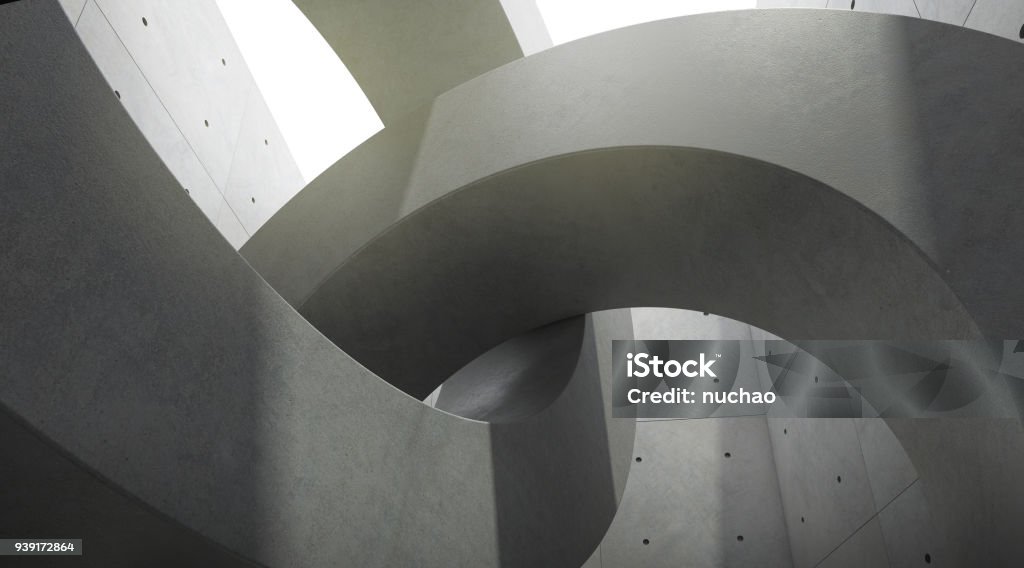 Abstract of architecture space with rhythm of circle concrete block and light and shadow of the sun,3D render Architecture Stock Photo