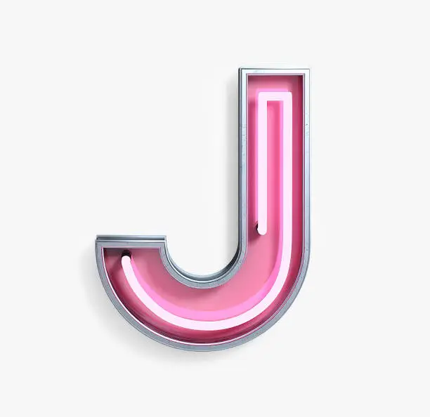 Bright Neon Font with fluorescent pink tubes. Letter J. Night Show Alphabet. 3d Rendering Isolated on White Background.