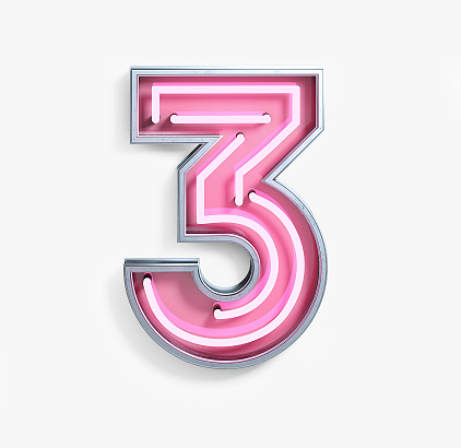 Bright Neon Font with fluorescent pink tubes. Number 3. Night Show Alphabet. 3d Rendering Isolated on White Background.