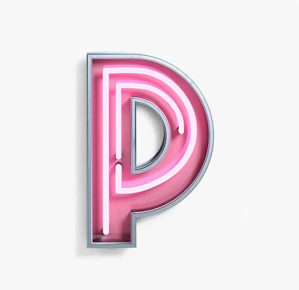 Bright Neon Font with fluorescent pink tubes. Letter P. Night Show Alphabet. 3d Rendering Isolated on White Background.