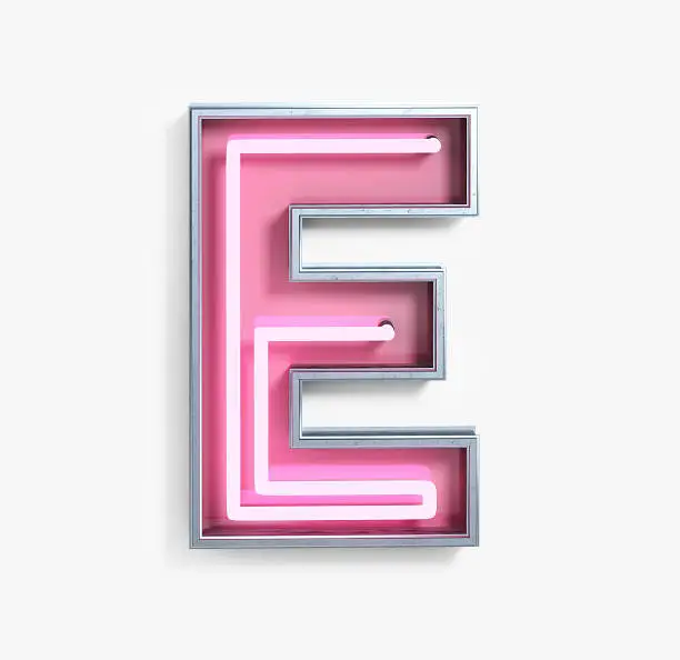Bright Neon Font with fluorescent pink tubes. Letter E. Night Show Alphabet. 3d Rendering Isolated on White Background.