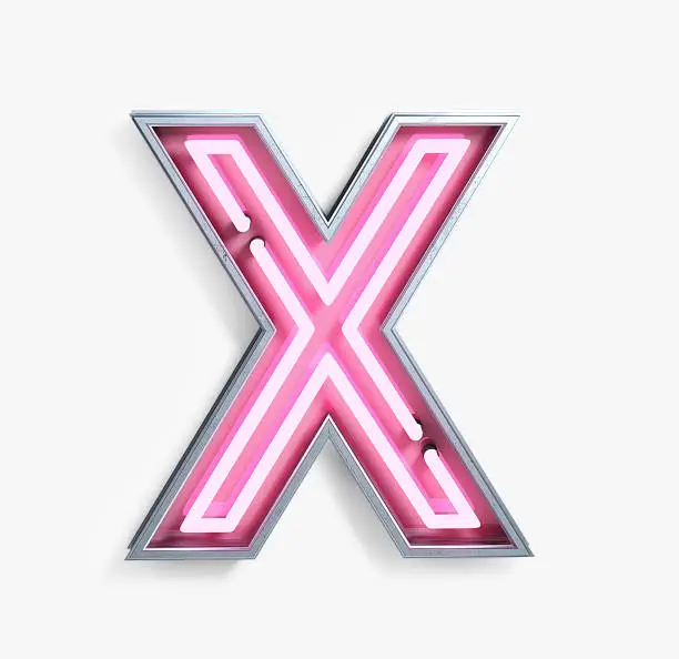 Bright Neon Font with fluorescent pink tubes. Letter X. Night Show Alphabet. 3d Rendering Isolated on White Background.