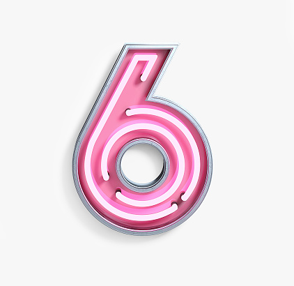 Bright Neon Font with fluorescent pink tubes. Number 6. Night Show Alphabet. 3d Rendering Isolated on White Background.