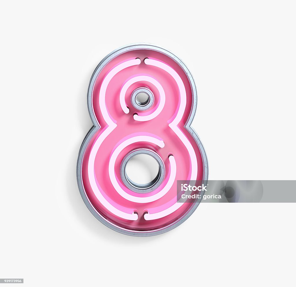 Bright Neon Font. Number 8 Bright Neon Font with fluorescent pink tubes. Number 8. Night Show Alphabet. 3d Rendering Isolated on White Background. Number 8 Stock Photo