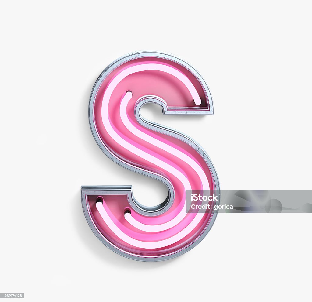 Bright Neon Font. Letter S Bright Neon Font with fluorescent pink tubes. Letter S. Night Show Alphabet. 3d Rendering Isolated on White Background. Neon Lighting Stock Photo