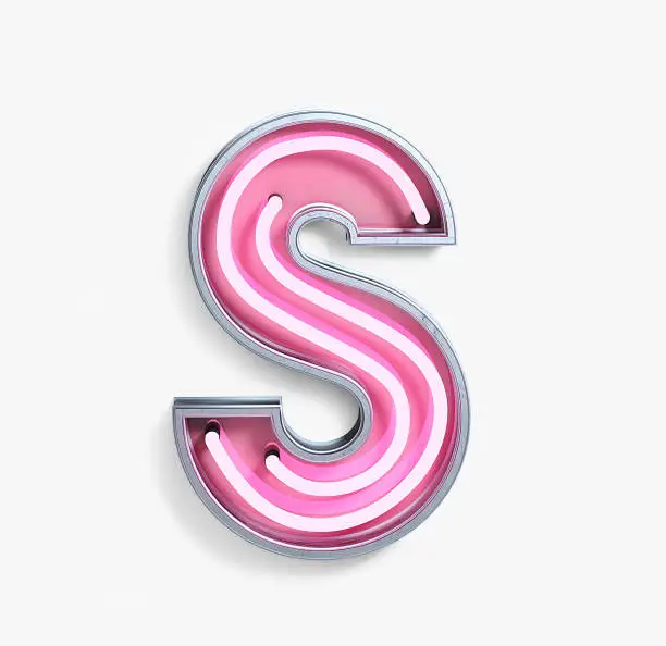 Bright Neon Font with fluorescent pink tubes. Letter S. Night Show Alphabet. 3d Rendering Isolated on White Background.