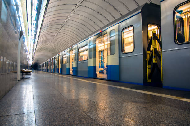 istock Subway train in motion arriving at station 939181288