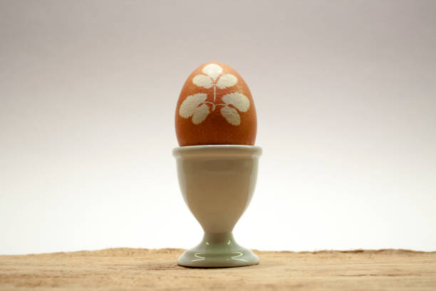 easter_egg_with_herb_colored_with_onionskin_on_wood - onionskin photos et images de collection