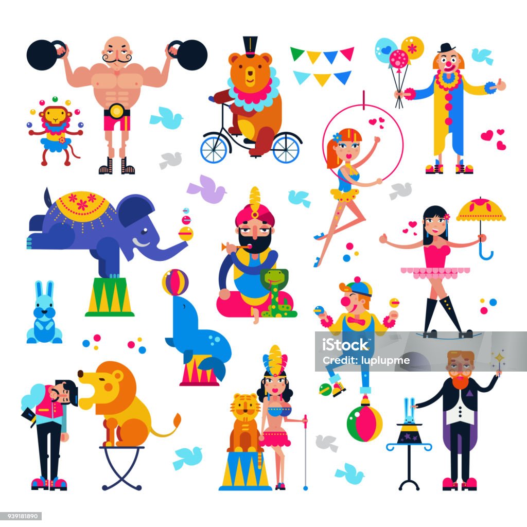 Circus people vector acrobat or clown and trained animals characters in circus-tent illustration set of magician and circusman with lion or elephant isolated on white background Circus people vector acrobat or clown and trained animals characters in circus-tent illustration set of magician and circusman with lion or elephant isolated on white background. Acrobat stock vector