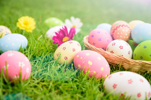 istock Happy easter!  Closeup Colorful Easter eggs in nest on green grass field during sunset background. 939181948