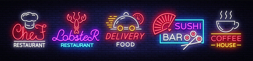 Food neon sign vector collection. Set neon symbols, emblems, symbols, Chief Restaurant, Lobster Restaurant, Food Delivery, Sushi Bar, Coffee House. Design templates Neon Billboard