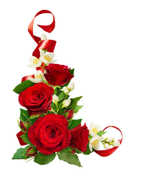 Corner Composition With Red Roses And Jasmine Flowers With Silk