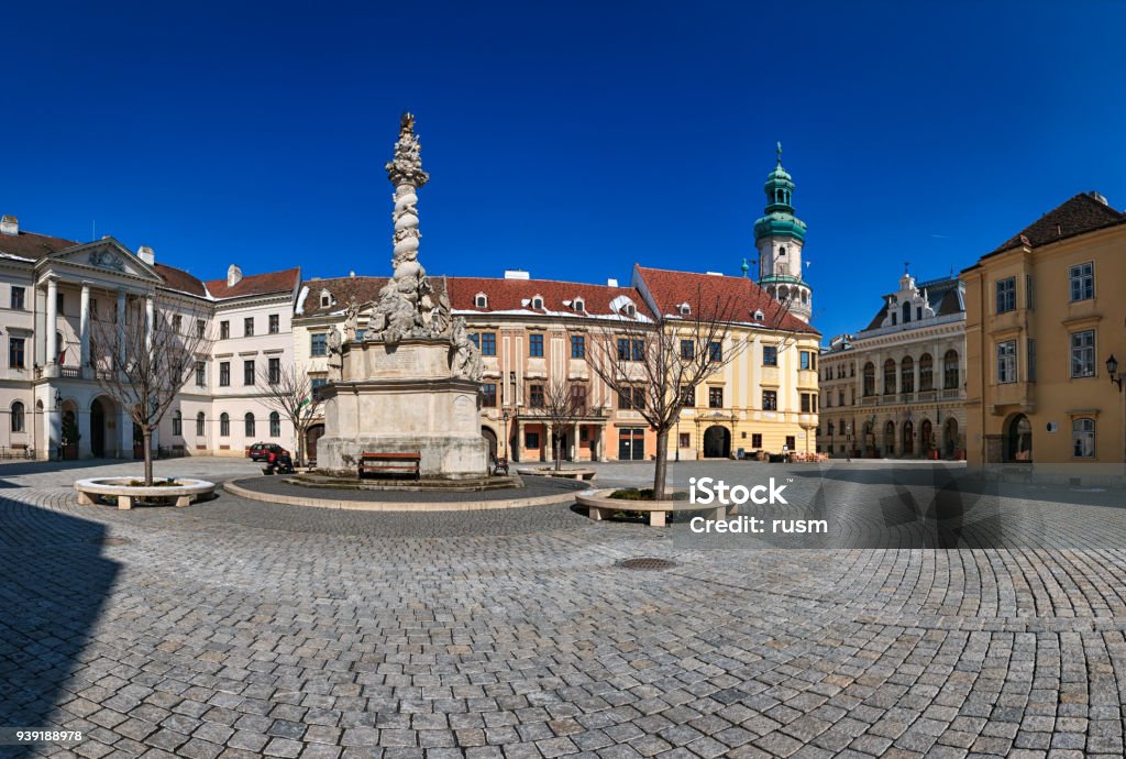Panorama of Sopron old town main square Fo Ter, Hungary Panorama of Sopron old town Sopron Stock Photo