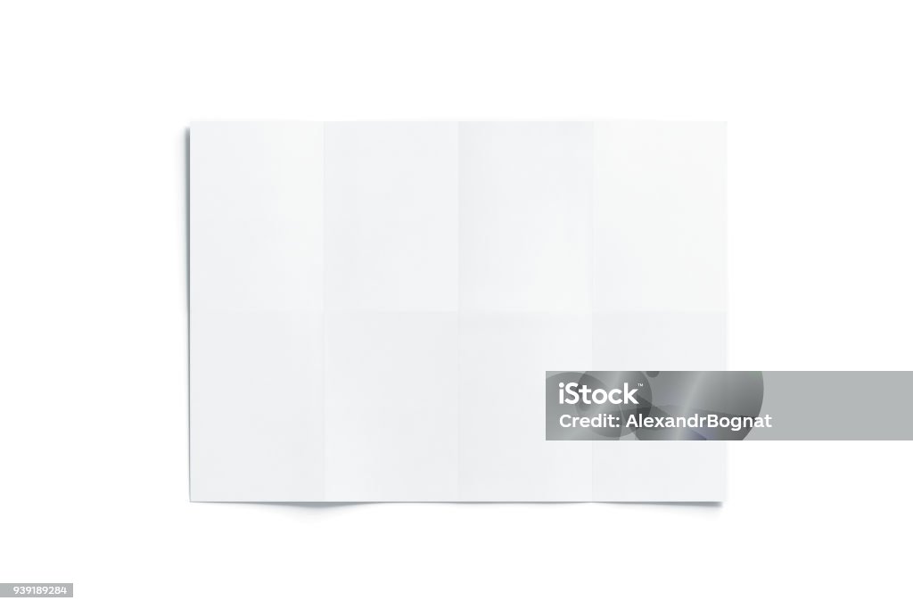 Blank white chart booklet mockup, opened Blank white folded map mockup, isolated, top view, 3d rendering. Chart template mock up display. Clear draft plan paper sheet front. Map Stock Photo