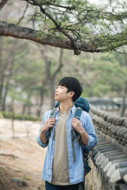 istock young man doing a backpacking trip in a Korean traditional house. 939191770