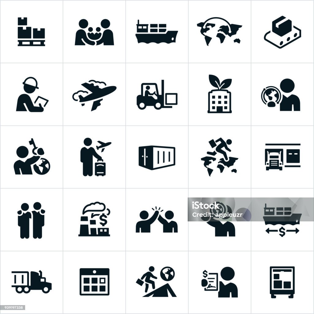 International Trade Icons Icons related to international trade and business. The icons include trade deals, international shipping, exports, imports and other related concepts. Icon Symbol stock vector