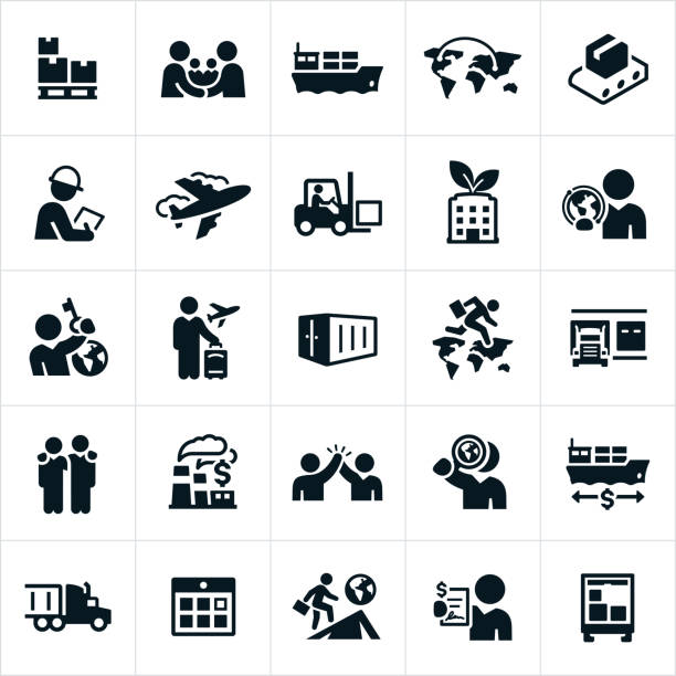 International Trade Icons Icons related to international trade and business. The icons include trade deals, international shipping, exports, imports and other related concepts. business travel stock illustrations