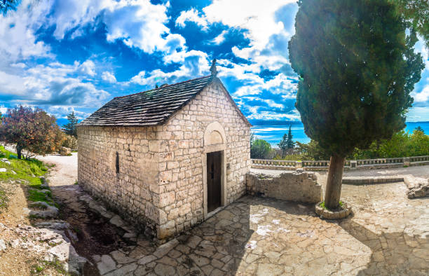 Split Marjan hill landscape. Scenic view at old landmark in park Marjan, Split city. old catholic church on island brac croatia stock pictures, royalty-free photos & images