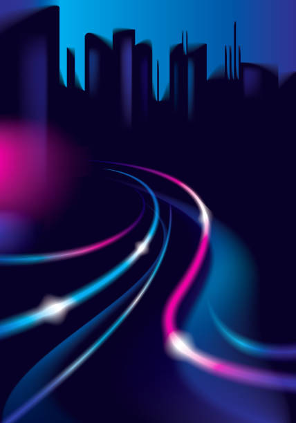 istock Traffic shiny lines of the night city road. Effect vector beautiful background. Blur colorful dark background with cityscape, buildings silhouettes skyline. 939202086