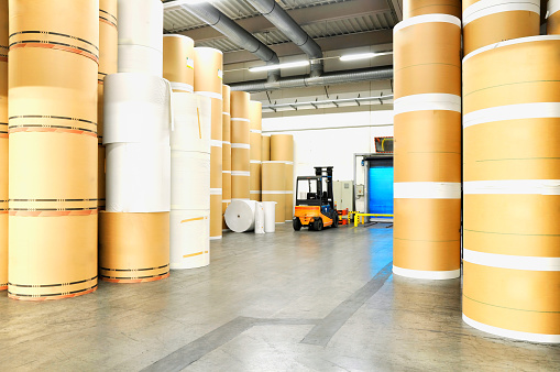 Storage Of Paper Rolls In A Large Print Shop Stock Photo