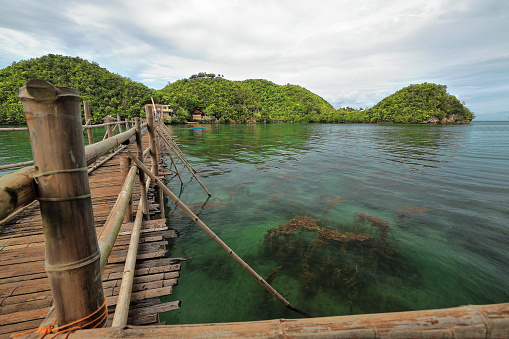 Bamboo and wooden planks footbridge with railings of tree logs and blue-pink flags linking the mainland and Latasan and Tinagong Dagat islands. Sipalay-Negros Occidental-Western Visayas-Philippines.