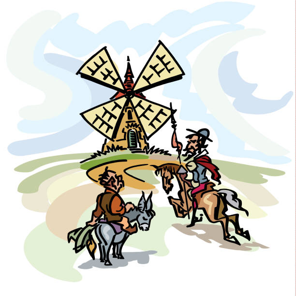 Don Quixote with his servant, Sancho Panza contemplating the windmills Manually, freehand generated illustration of the famous medieval tale, Don Quijote de la Mancha, by Spanish author, Cervantes don quixote stock illustrations