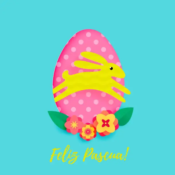 Vector illustration of Spanish Happy Easter greeting card of egg with pattern and paper cut cartoon bunny on floral background. Vector Feliz Pascua. or Easter Hunt holiday poster