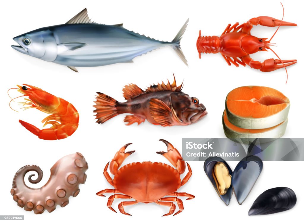 Peces, cangrejos, mejillones, pulpo. conjunto de iconos vectoriales 3D. Comida de mar, estilo realismo - arte vectorial de Tridimensional libre de derechos