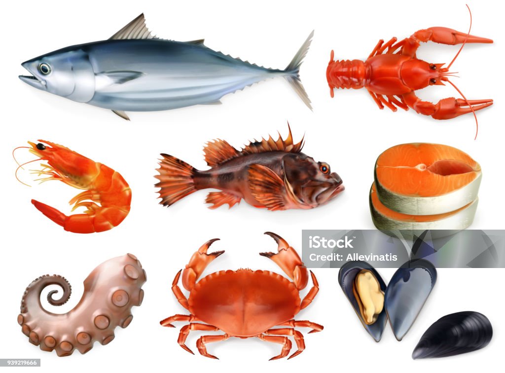 Fish, crayfish, mussels, octopus. 3d vector icon set. Sea food, realism style Three Dimensional stock vector