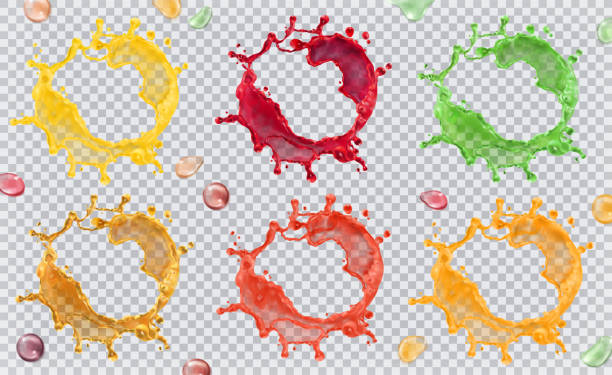 ilustrações de stock, clip art, desenhos animados e ícones de fruit juice, splashes of paint. 3d vector icon set - splashing juice liquid red