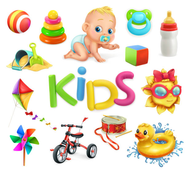 ilustraciones, imágenes clip art, dibujos animados e iconos de stock de niños y juguetes. infantil, set de iconos vectoriales 3d - babies only illustrations