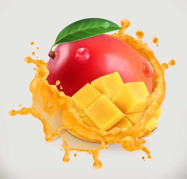 Mango juice. Fresh fruit, 3d vector icon Mango juice. Fresh fruit, 3d vector icon hyperrealism stock illustrations