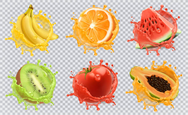 ilustraciones, imágenes clip art, dibujos animados e iconos de stock de naranja, fruta de kiwi, plátano, tomate, sandía, jugo de papaya. frutas frescas y salpicaduras, conjunto de iconos vectoriales 3d - juicy