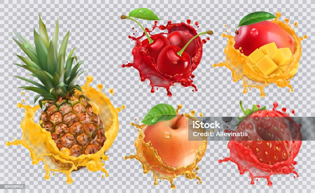 Jus d’ananas, fraise, pomme, cerise, mangue. Fruits frais et les éclaboussures, 3d icon set vector - clipart vectoriel de Fruit libre de droits