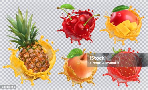 Jus Dananas Fraise Pomme Cerise Mangue Fruits Frais Et Les Éclaboussures 3d Icon Set Vector Vecteurs libres de droits et plus d'images vectorielles de Fruit