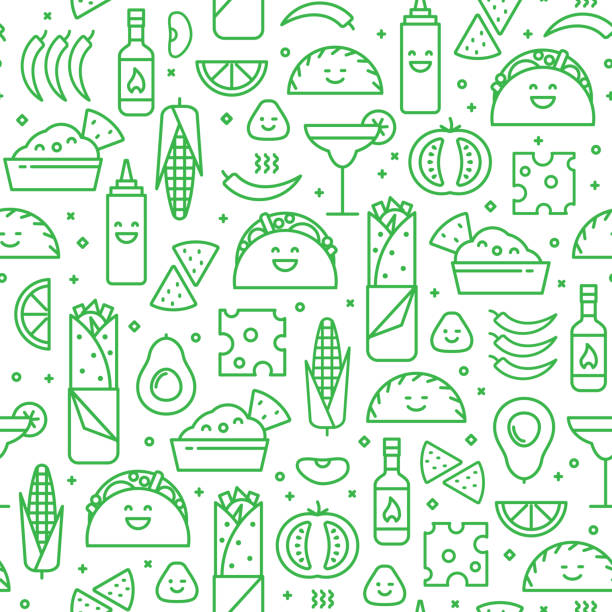 ilustraciones, imágenes clip art, dibujos animados e iconos de stock de patrón sin fisuras de la comida mexicana, estilo de línea. - guacamole restaurant mexican cuisine avocado