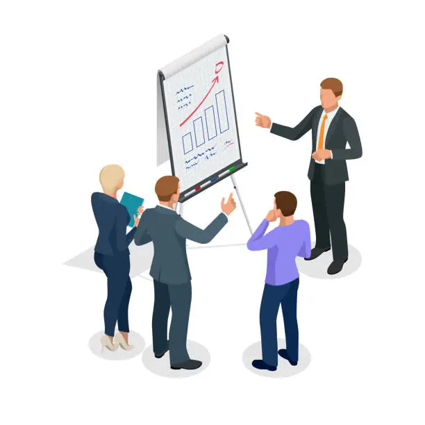 Vector illustration of Isometric Group of business people looking at the graph on flipchart