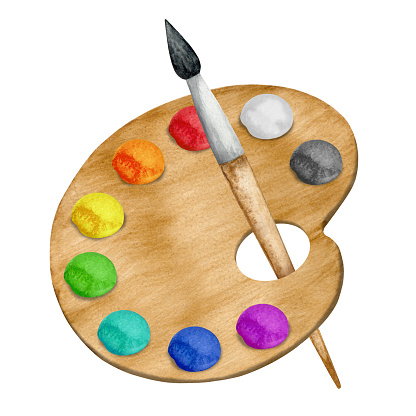 Watercolor palette, paints, paint brush closeup  isolated on white background set. Hand painting on paper