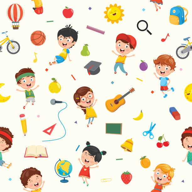 illustrations, cliparts, dessins animés et icônes de seamless pattern d’enfants et d’objets - groupe moyen dobjets