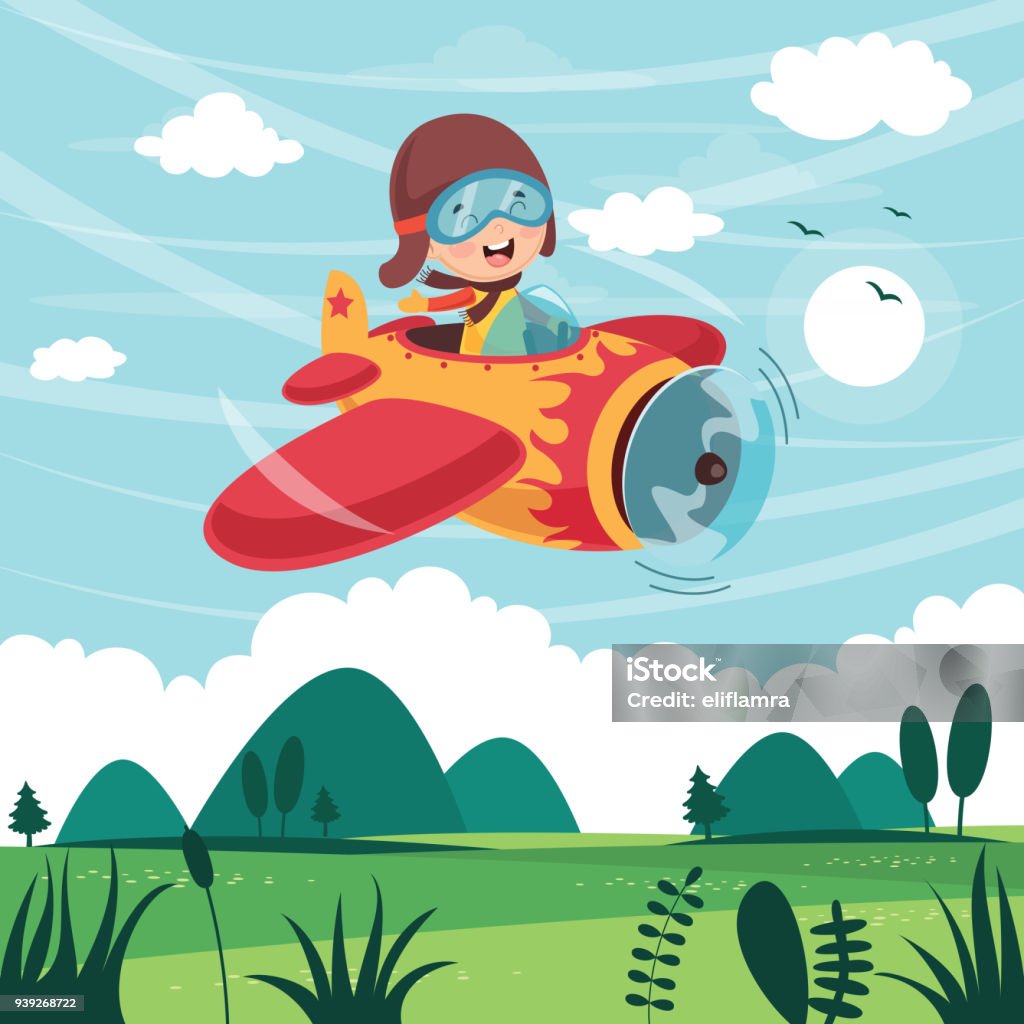 Vector Illustration Of Kid Operating Plane Airplane stock vector