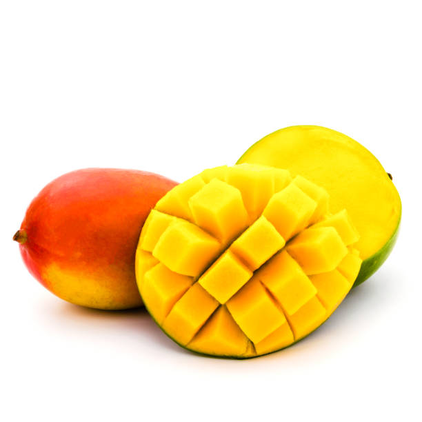 istock Mango whole and slice cut to cubes isolated on a white background. product or package design element 939268954