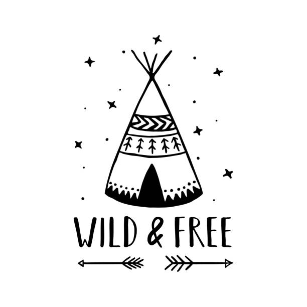 wild und frei skandinavischen stil hand gezeichnete plakat. vektor-illustration. - teepee stock-grafiken, -clipart, -cartoons und -symbole