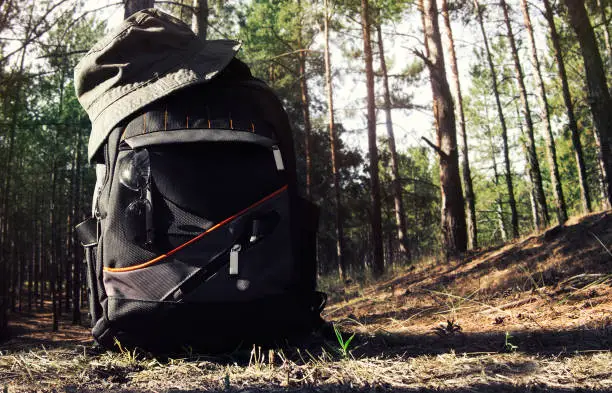 Photo of Backpack with hat in forest.