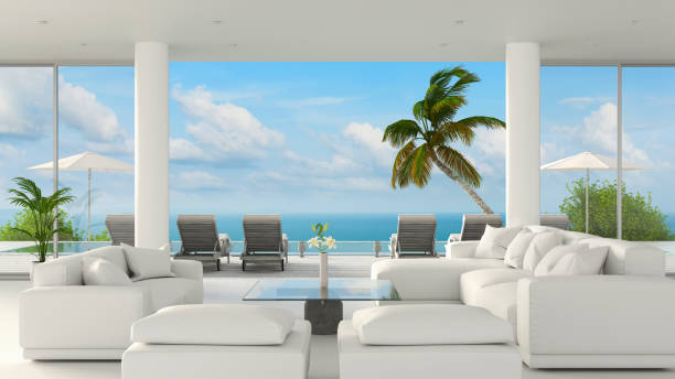 istock Beach lounge living room interior with sea view 939273386