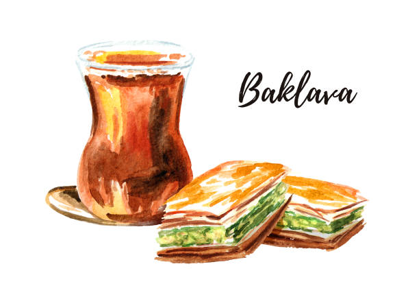 Turkish tea in traditional glass and baklava. Watercolor hand drawn illustration, isolated on white background Turkish tea in traditional glass and baklava. Watercolor hand drawn illustration, isolated on white background baklava stock illustrations