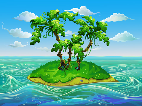 Island with palm trees in the ocean during sunset. Vector illustration.