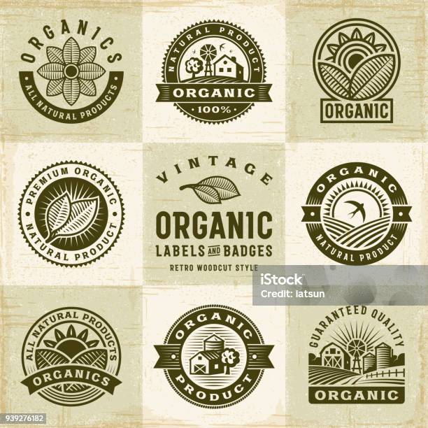 Vintage Organic Labels And Badges Set Stock Illustration - Download Image Now - Logo, Farm, Organic