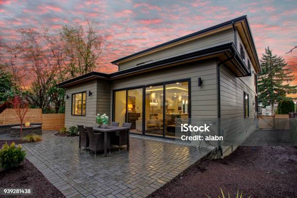 Modern House Exterior With A Deck At Sunset Stock Photo - Download Image Now - House, Outdoors, Small
